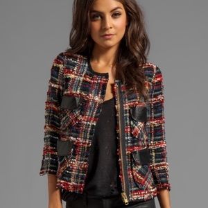 Smythe Boucle jacket in navy plaid w/ leather